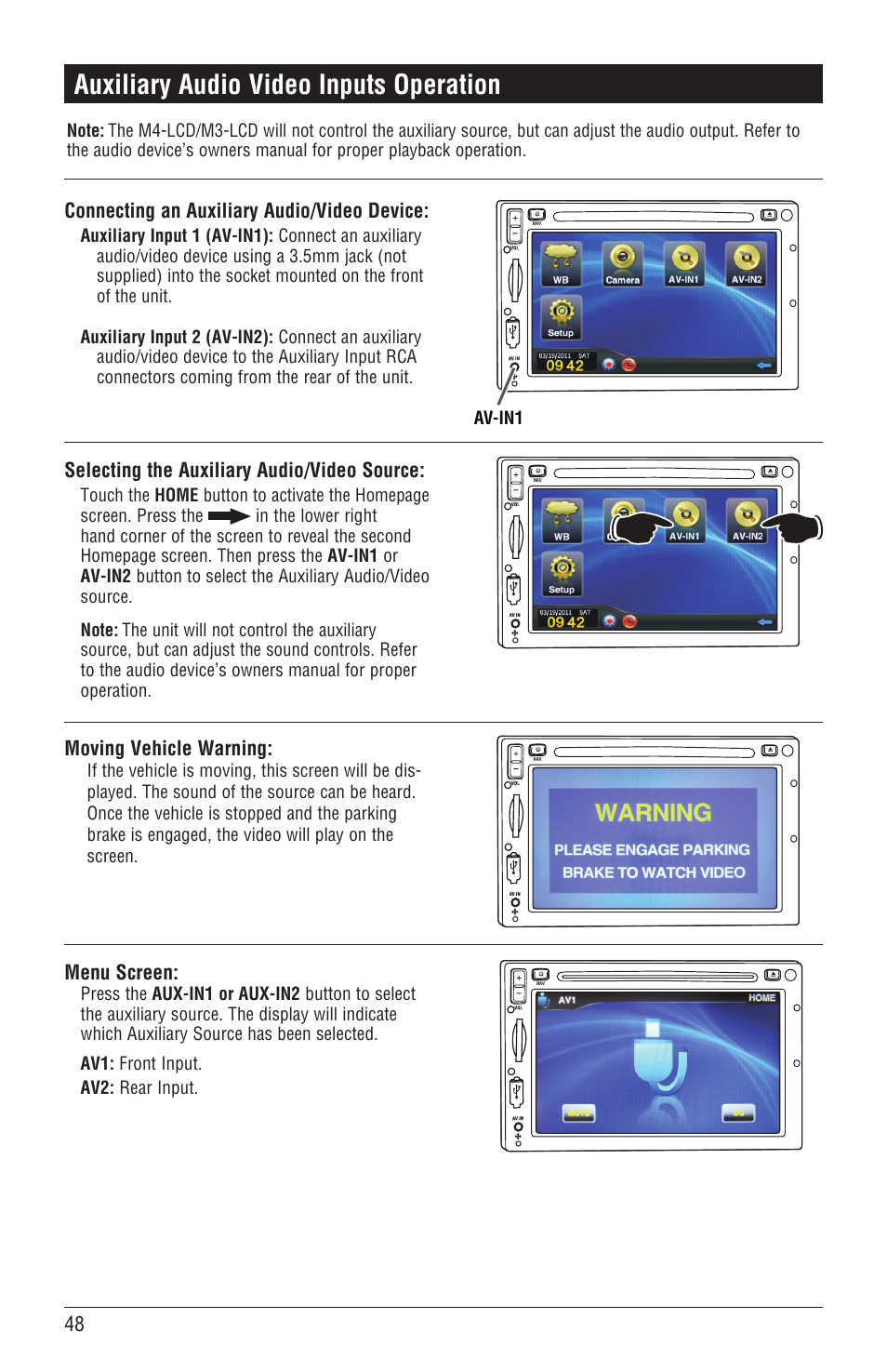 Auxiliary audio video inputs operation | Magnadyne M4-LCD User Manual | Page 48 / 56