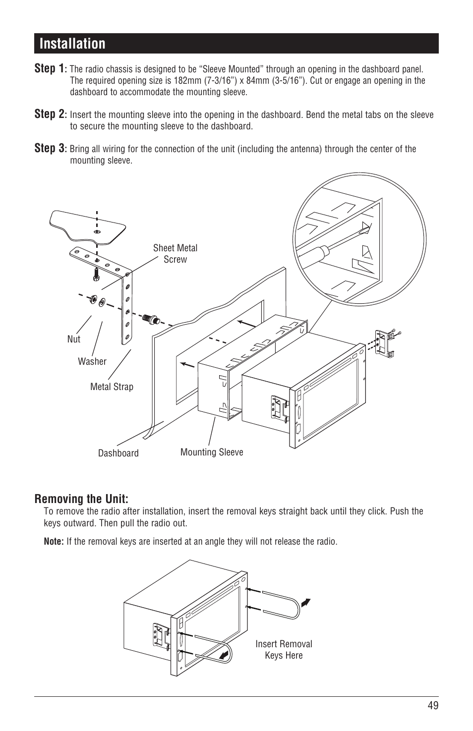 Installation, Step 1, Step 2 | Step 3, Removing the unit | Magnadyne M4-LCD User Manual | Page 49 / 56
