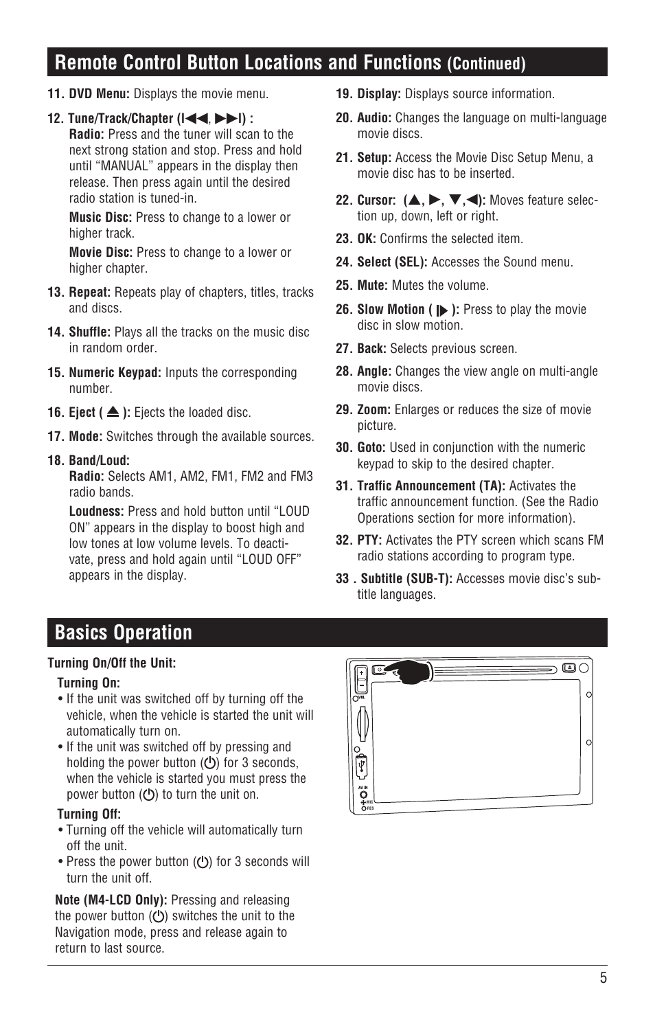 Remote control button locations and functions, Basics operation, Continued) | Magnadyne M4-LCD User Manual | Page 5 / 56