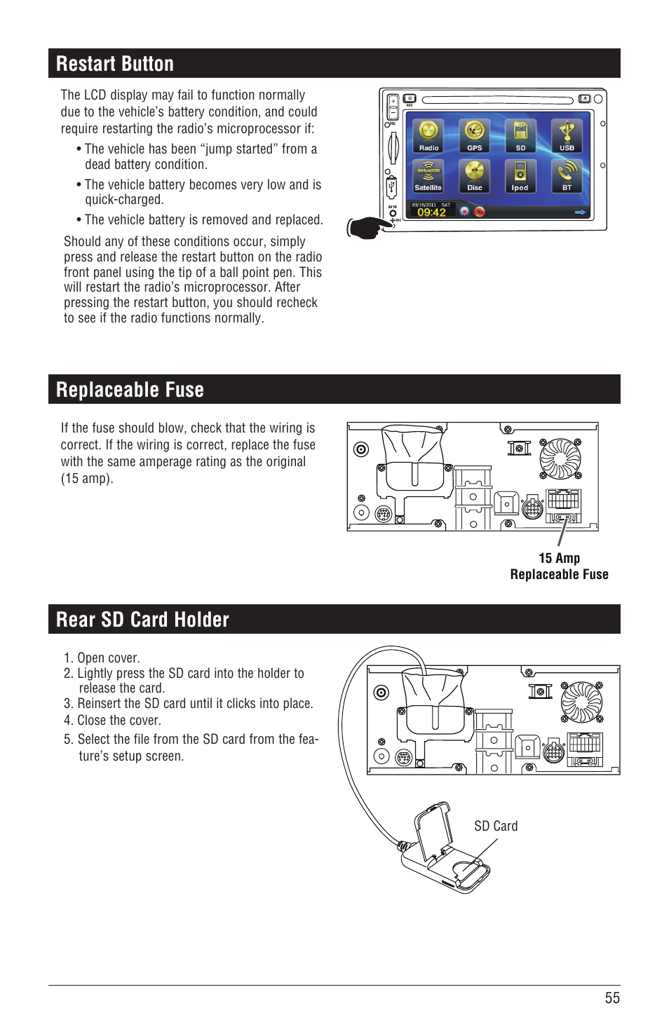 Restart button, Replaceable fuse, Rear sd card holder | Magnadyne M4-LCD User Manual | Page 55 / 56