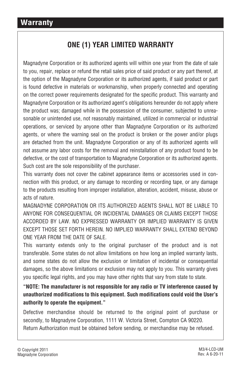 Warranty one (1) year limited warranty | Magnadyne M4-LCD User Manual | Page 56 / 56
