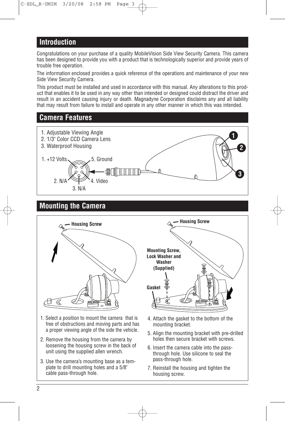 Introduction, Camera features, Mounting the camera | Magnadyne MOBILEVISION C-SDL User Manual | Page 2 / 4