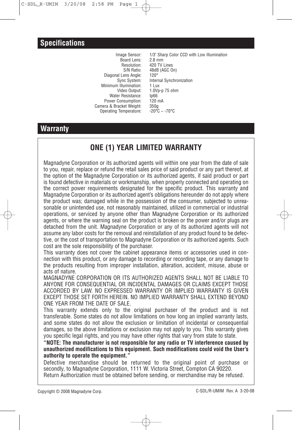 Warranty one (1) year limited warranty, Specifications | Magnadyne MOBILEVISION C-SDL User Manual | Page 4 / 4