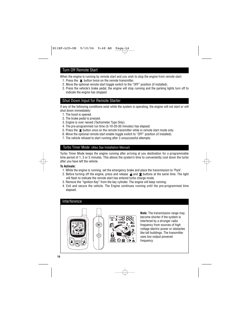 Interference, Turn off remote start, Shut down input for remote starter | Turbo timer mode | Magnadyne Marksman two-way communication LCD Transmitter M11RF-LCD User Manual | Page 14 / 20