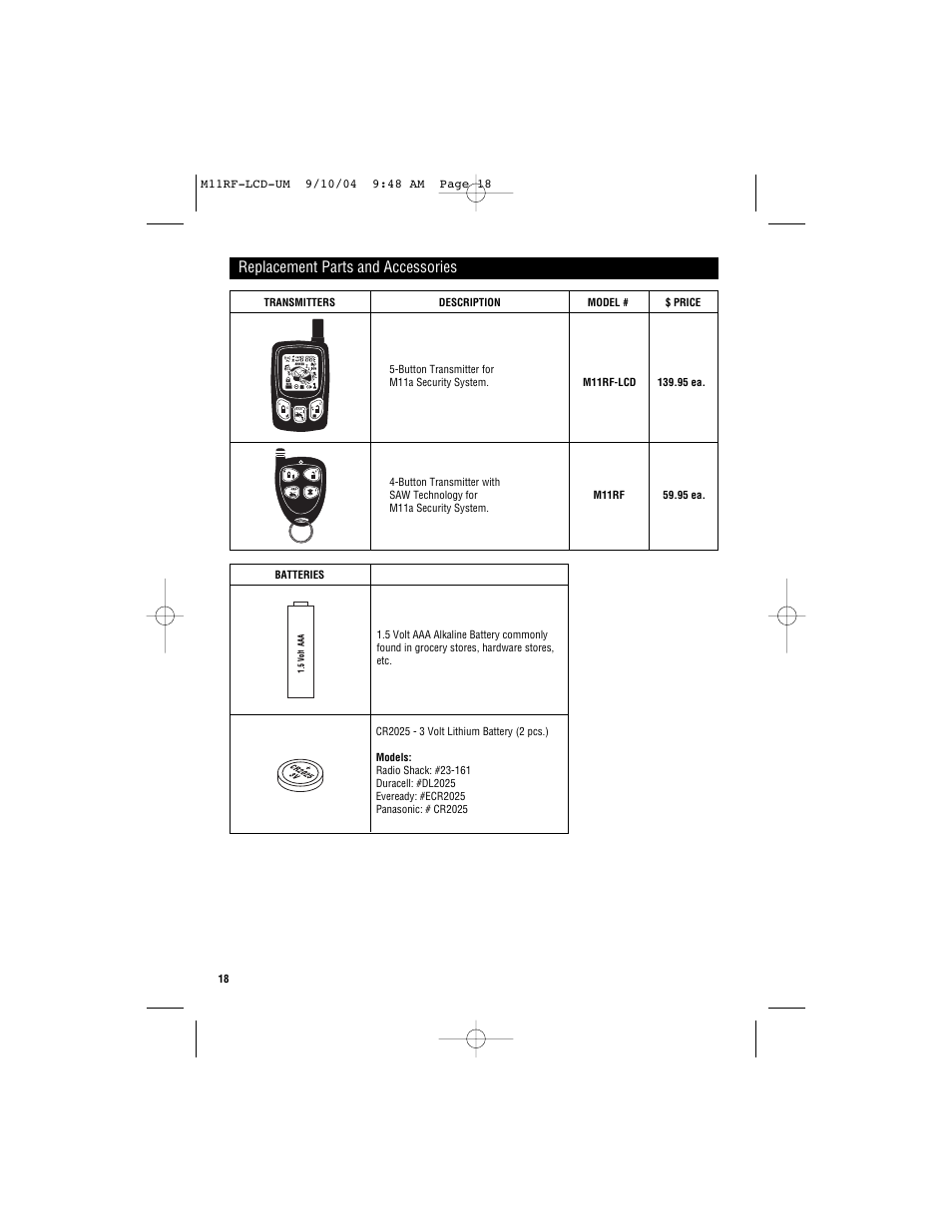 Replacement parts and accessories | Magnadyne Marksman two-way communication LCD Transmitter M11RF-LCD User Manual | Page 18 / 20