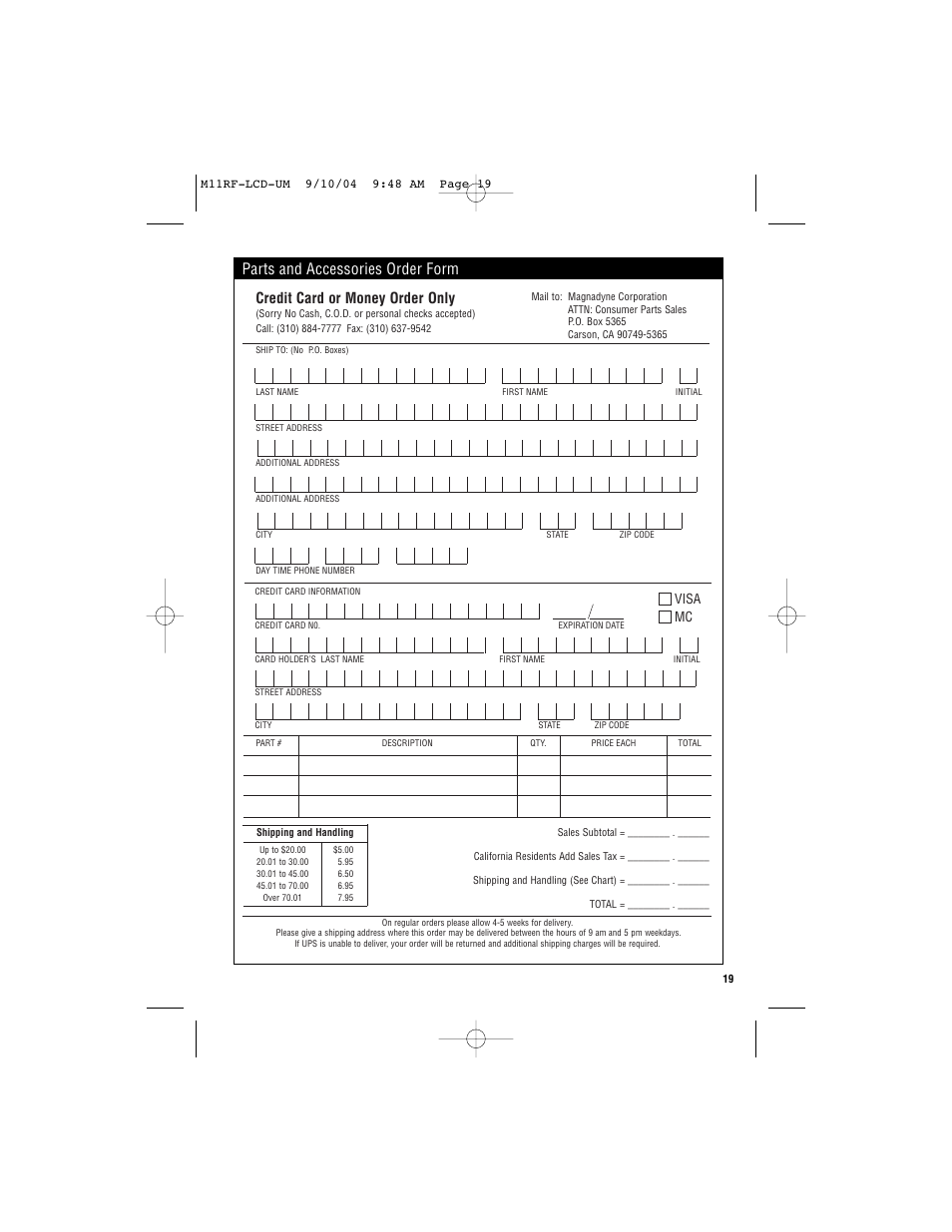 Parts and accessories order form, Credit card or money order only, Visa mc | Magnadyne Marksman two-way communication LCD Transmitter M11RF-LCD User Manual | Page 19 / 20