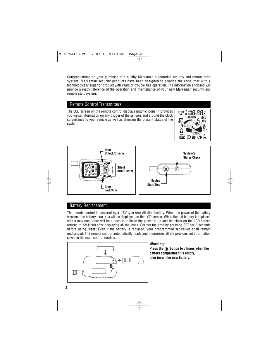 Remote control transmitters, Battery replacement, Warning | Magnadyne Marksman two-way communication LCD Transmitter M11RF-LCD User Manual | Page 2 / 20