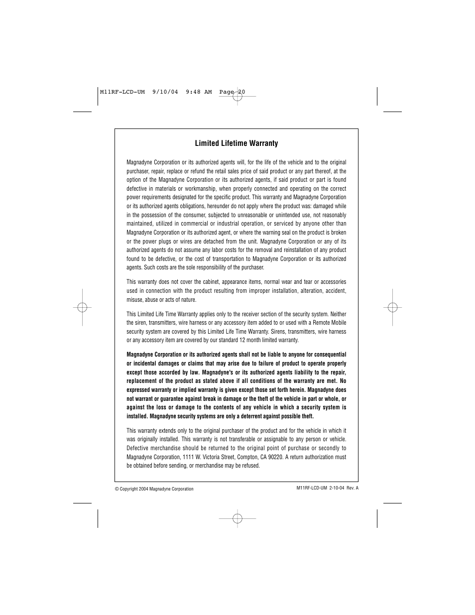 Magnadyne Marksman two-way communication LCD Transmitter M11RF-LCD User Manual | Page 20 / 20