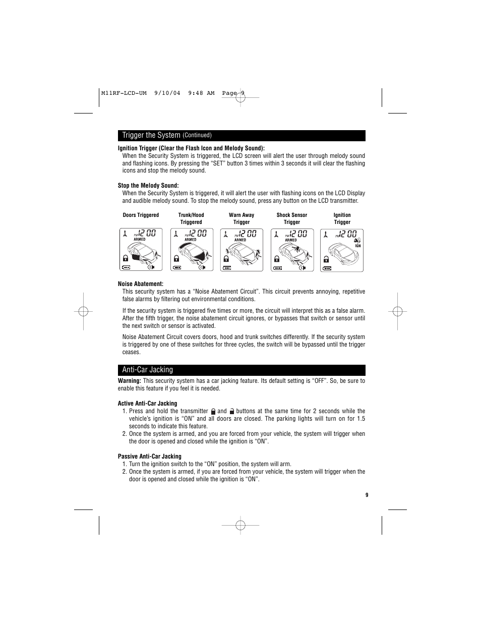 Trigger the system, Anti-car jacking | Magnadyne Marksman two-way communication LCD Transmitter M11RF-LCD User Manual | Page 9 / 20