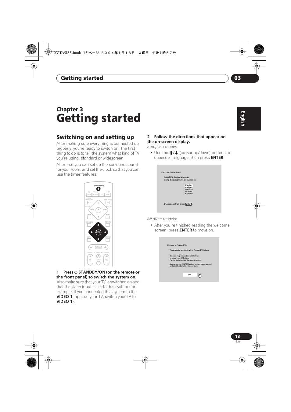 03 getting started, Switching on and setting up, Getting started | Getting started 03, Chapter 3 | Pioneer XV-DV323 User Manual | Page 13 / 74