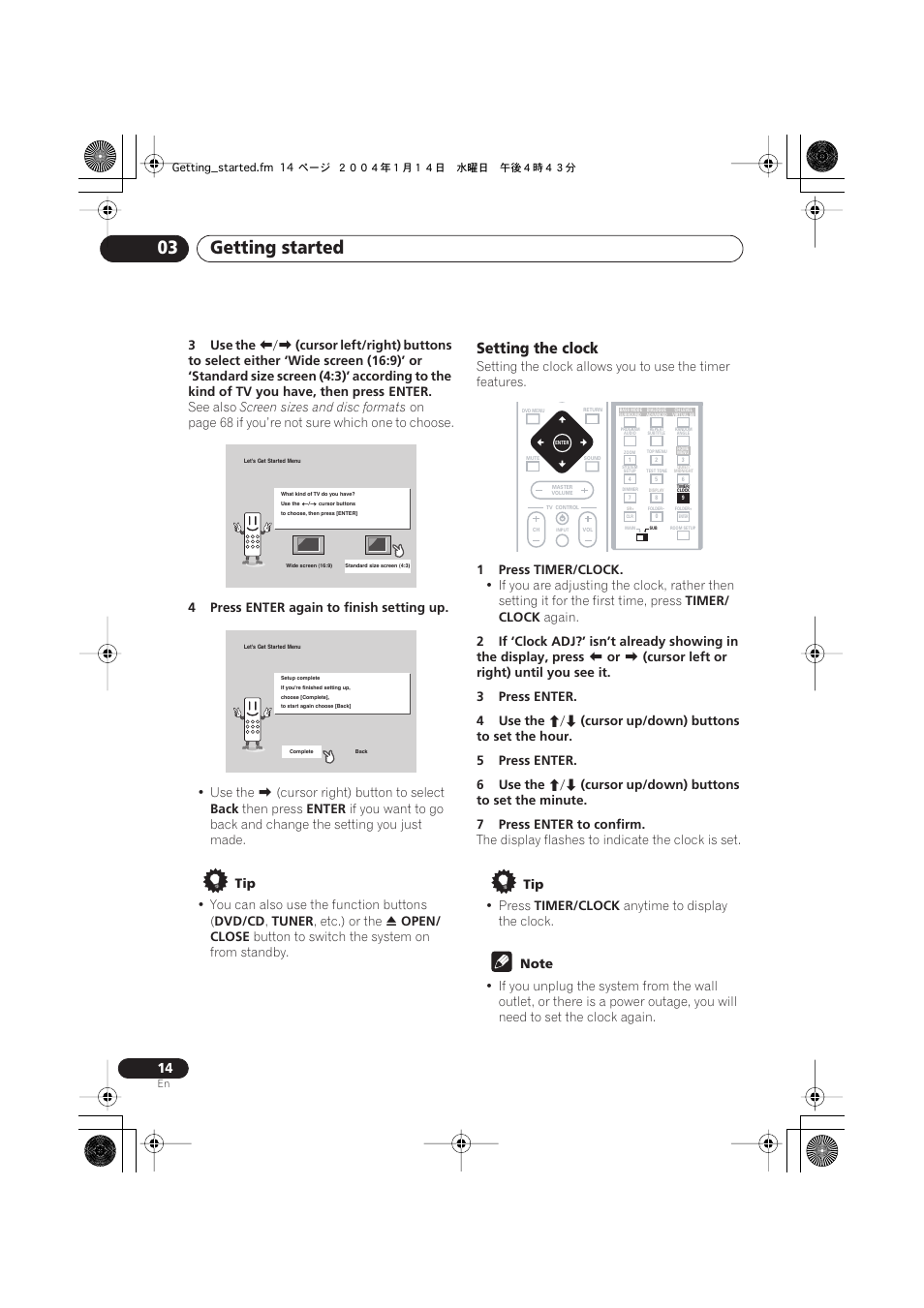 Setting the clock, Getting started 03 | Pioneer XV-DV323 User Manual | Page 14 / 74