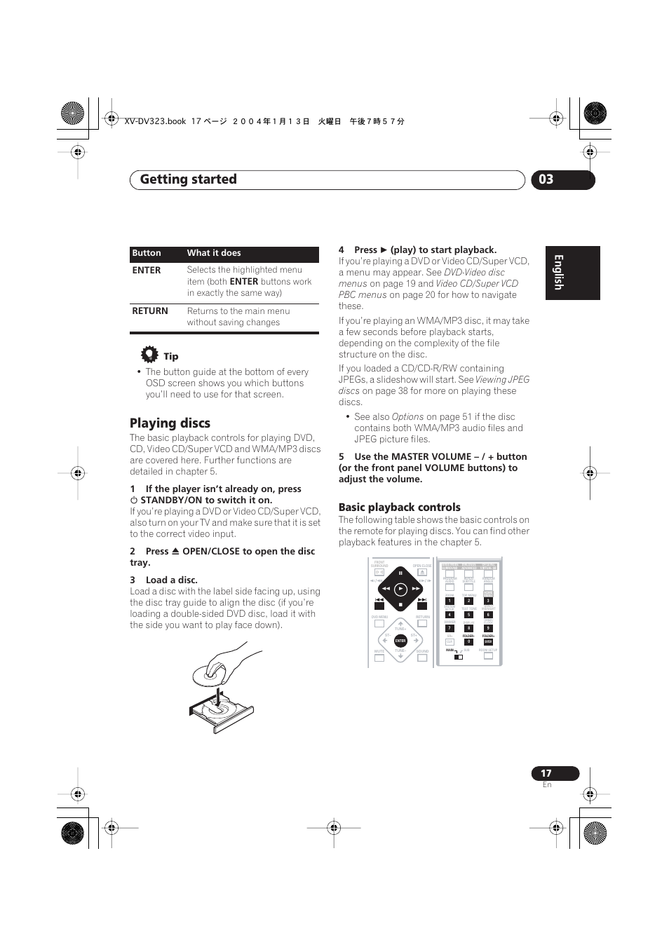Playing discs, Basic playback controls, Getting started 03 | Pioneer XV-DV323 User Manual | Page 17 / 74