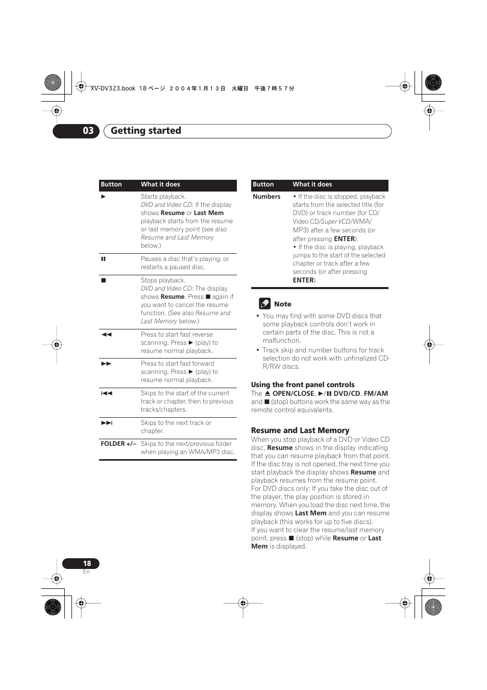 Resume and last memory, Getting started 03 | Pioneer XV-DV323 User Manual | Page 18 / 74