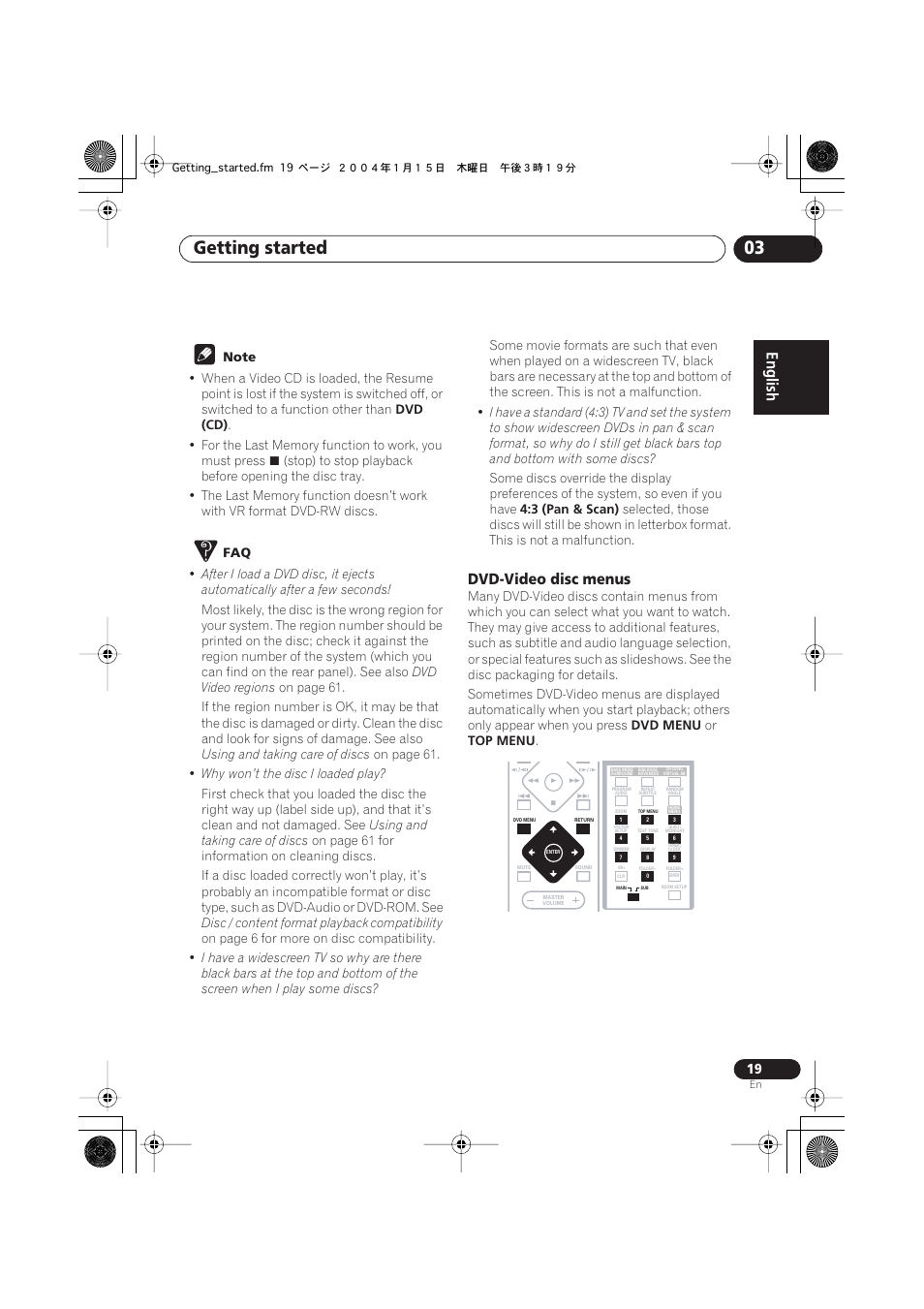 Dvd-video disc menus, Getting started 03 | Pioneer XV-DV323 User Manual | Page 19 / 74