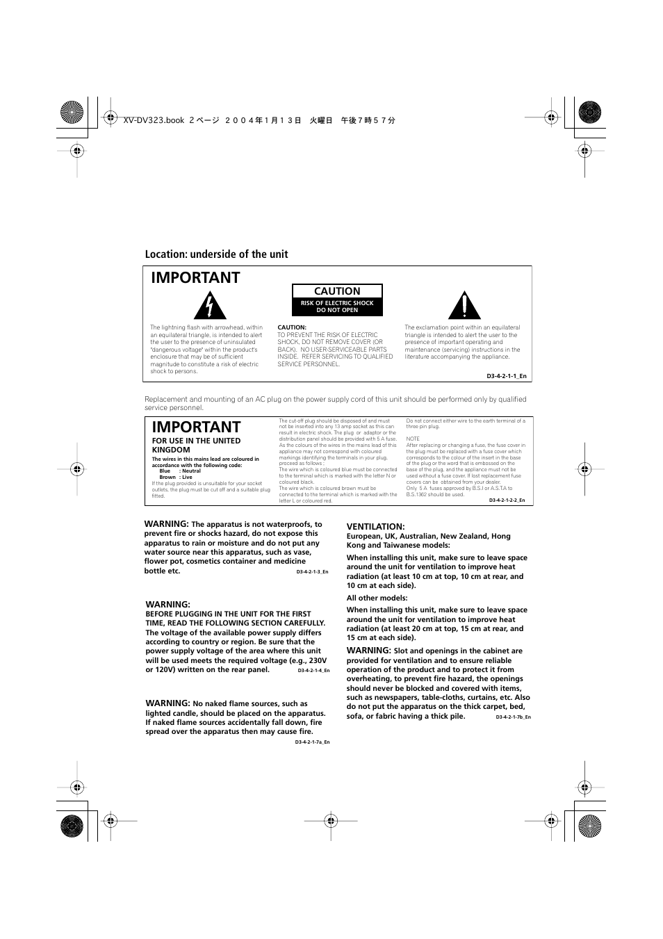 Important, Location: underside of the unit, Caution | Pioneer XV-DV323 User Manual | Page 2 / 74