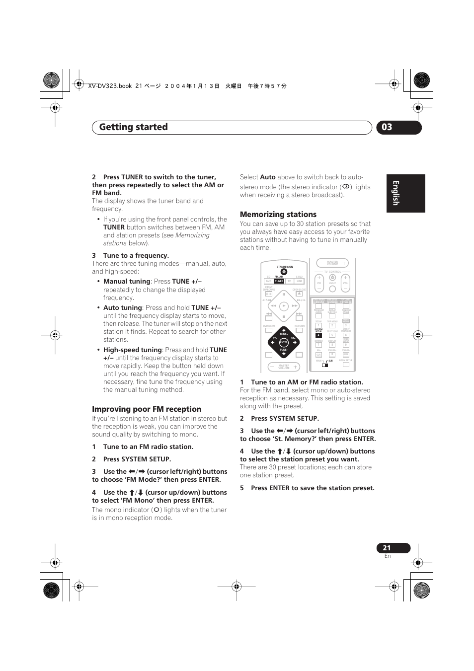 Improving poor fm reception, Memorizing stations, Getting started 03 | Pioneer XV-DV323 User Manual | Page 21 / 74