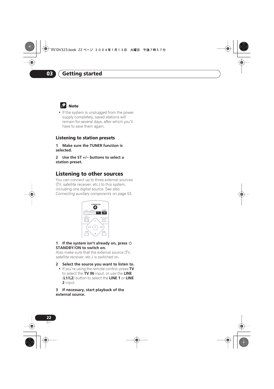 Listening to station presets, Listening to other sources, Getting started 03 | Pioneer XV-DV323 User Manual | Page 22 / 74