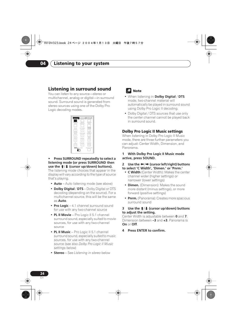 Listening in surround sound, Dolby pro logic ii music settings, Listening to your system 04 | Pioneer XV-DV323 User Manual | Page 24 / 74