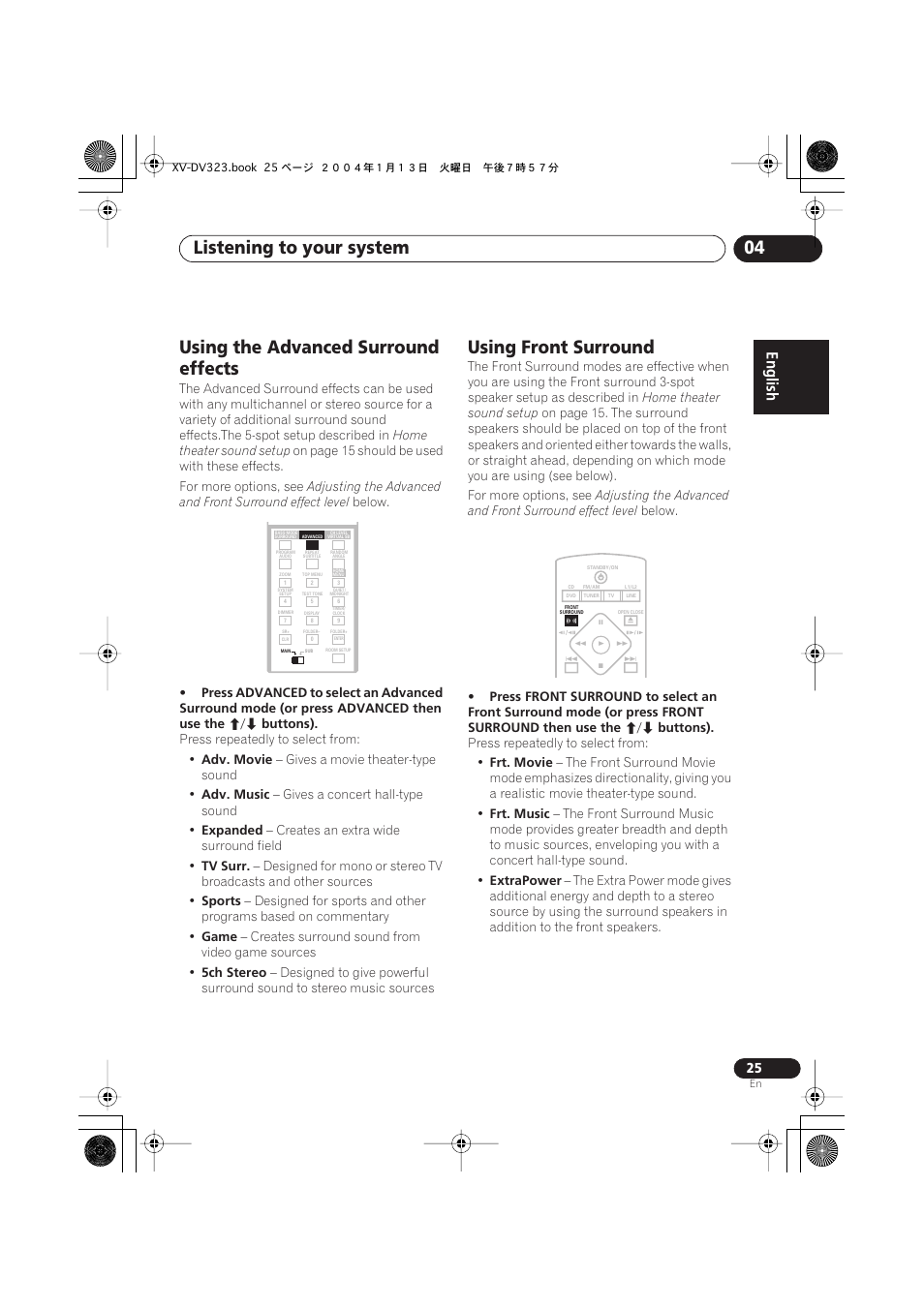 Using the advanced surround effects, Using front surround, Listening to your system 04 | Pioneer XV-DV323 User Manual | Page 25 / 74