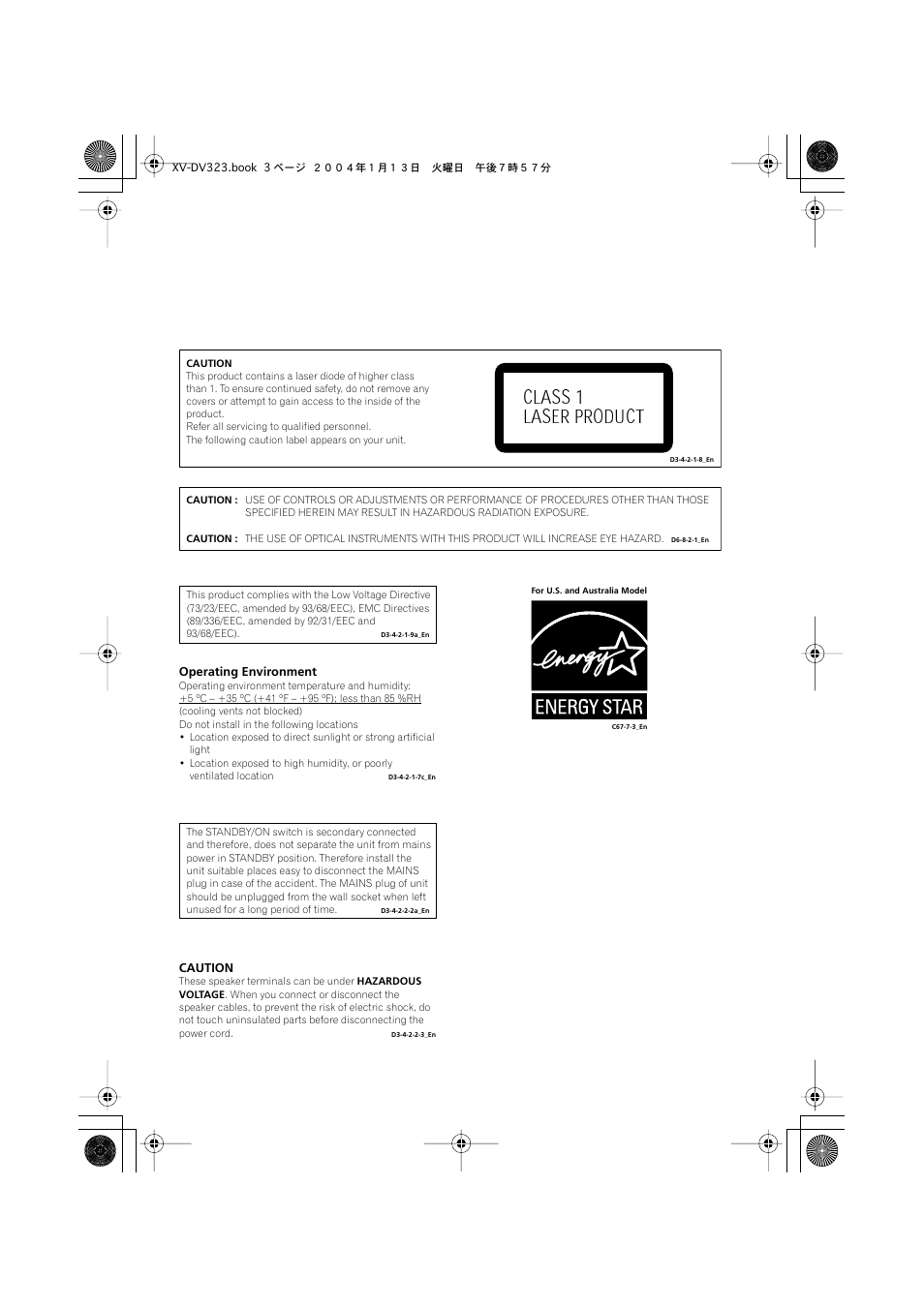 Class 1 laser product | Pioneer XV-DV323 User Manual | Page 3 / 74