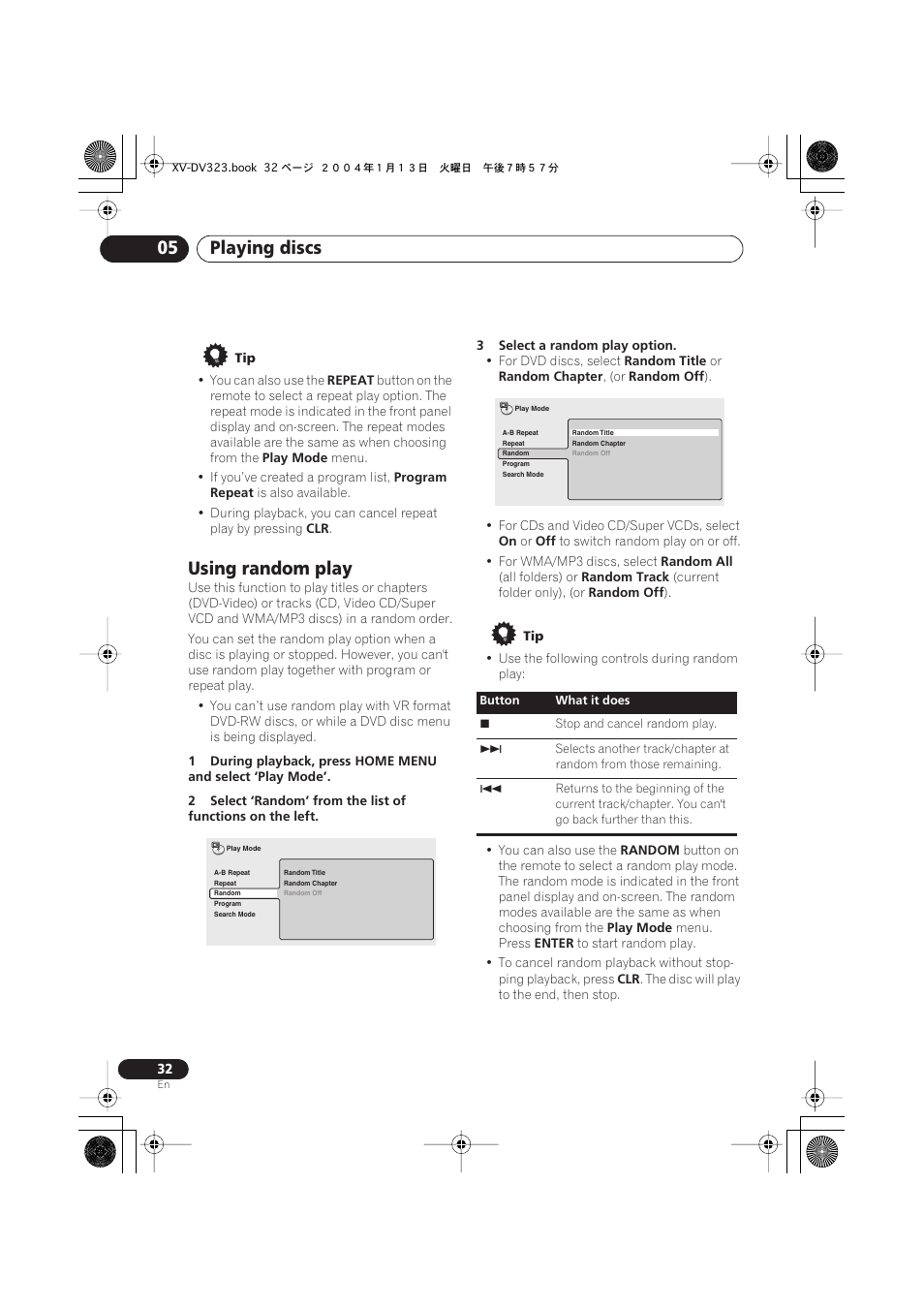 Using random play, Playing discs 05 | Pioneer XV-DV323 User Manual | Page 32 / 74