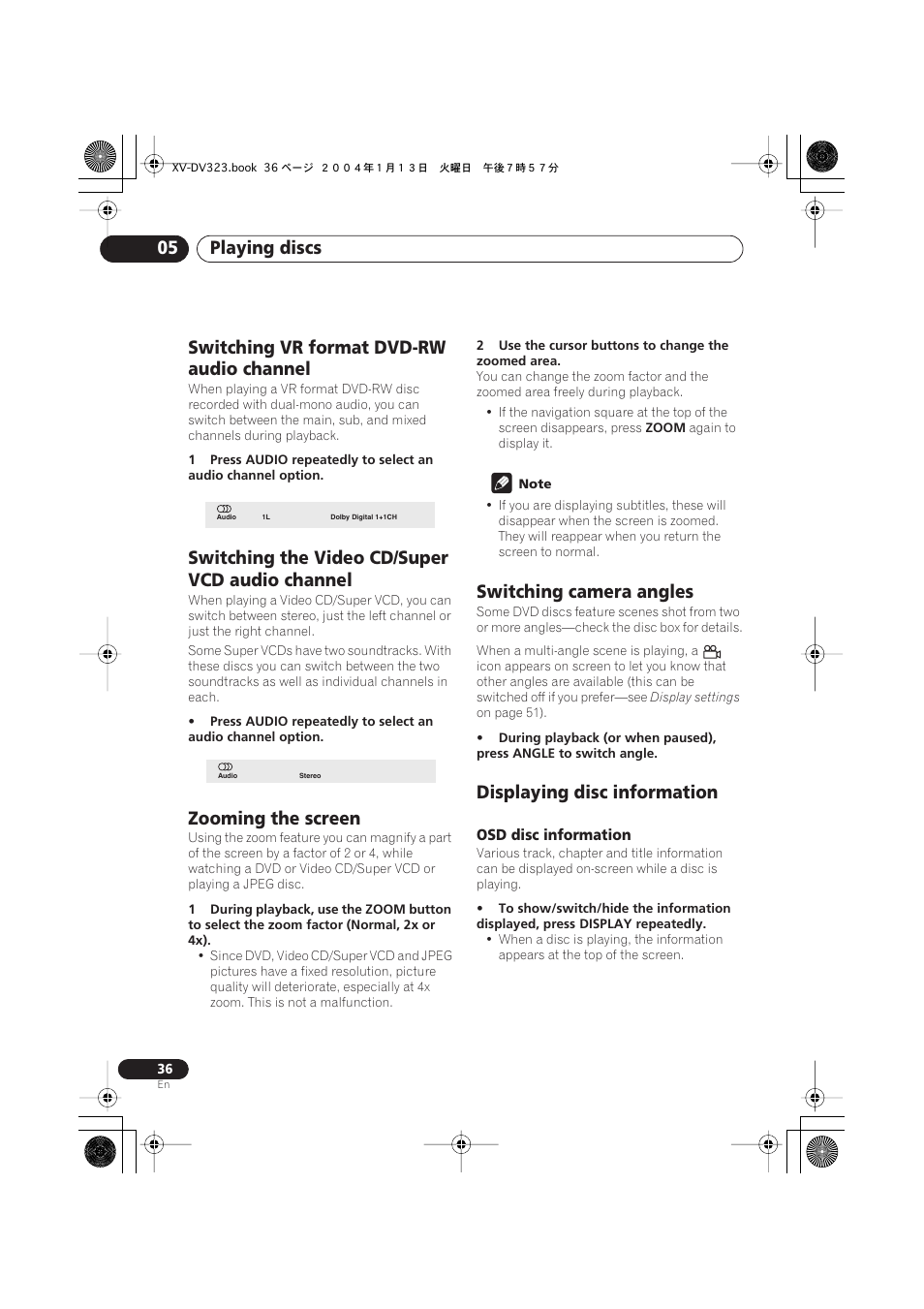 Switching vr format dvd-rw audio channel, Switching the video cd/super vcd audio channel, Zooming the screen | Switching camera angles, Displaying disc information, Osd disc information, Playing discs 05 | Pioneer XV-DV323 User Manual | Page 36 / 74
