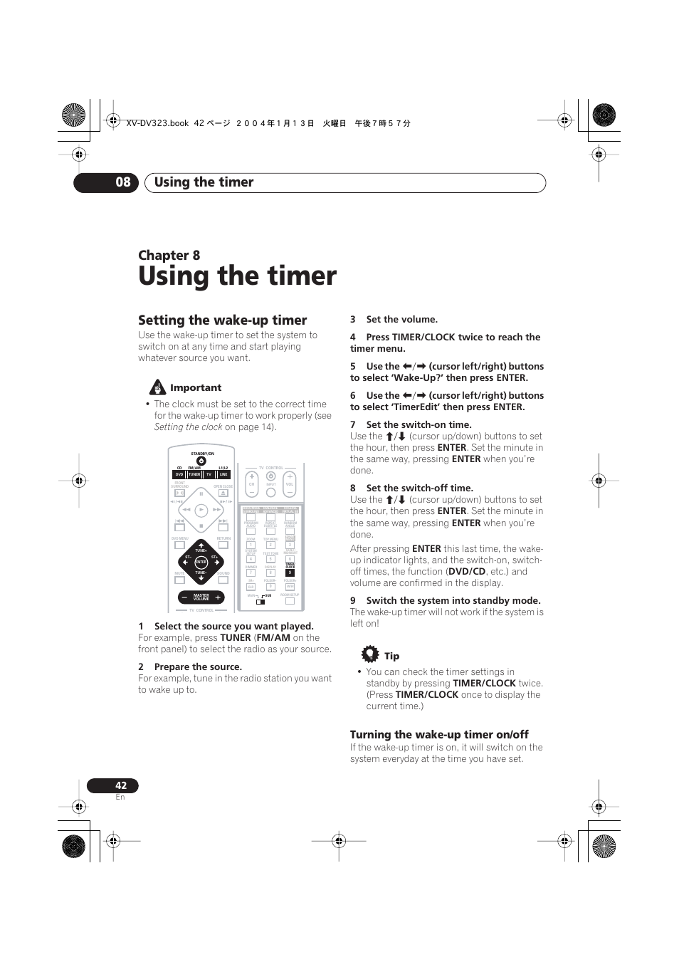 08 using the timer, Setting the wake-up timer, Turning the wake-up timer on/off | Using the timer, Using the timer 08, Chapter 8 | Pioneer XV-DV323 User Manual | Page 42 / 74