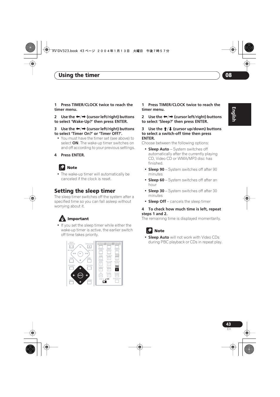 Setting the sleep timer, Using the timer 08 | Pioneer XV-DV323 User Manual | Page 43 / 74