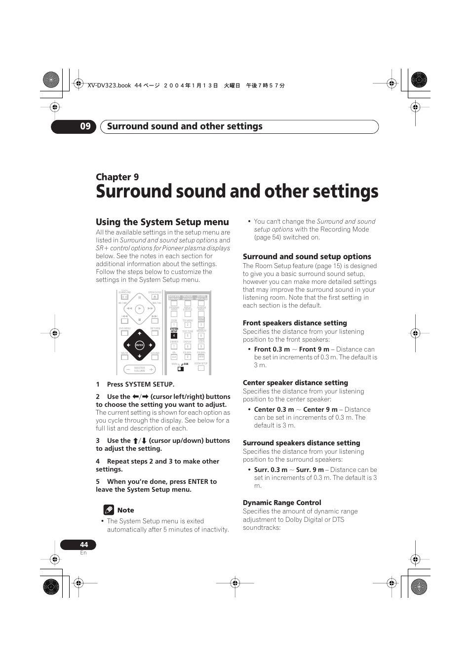 09 surround sound and other settings, Using the system setup menu, Surround and sound setup options | Surround sound and other settings, Surround sound and other settings 09, Chapter 9 | Pioneer XV-DV323 User Manual | Page 44 / 74