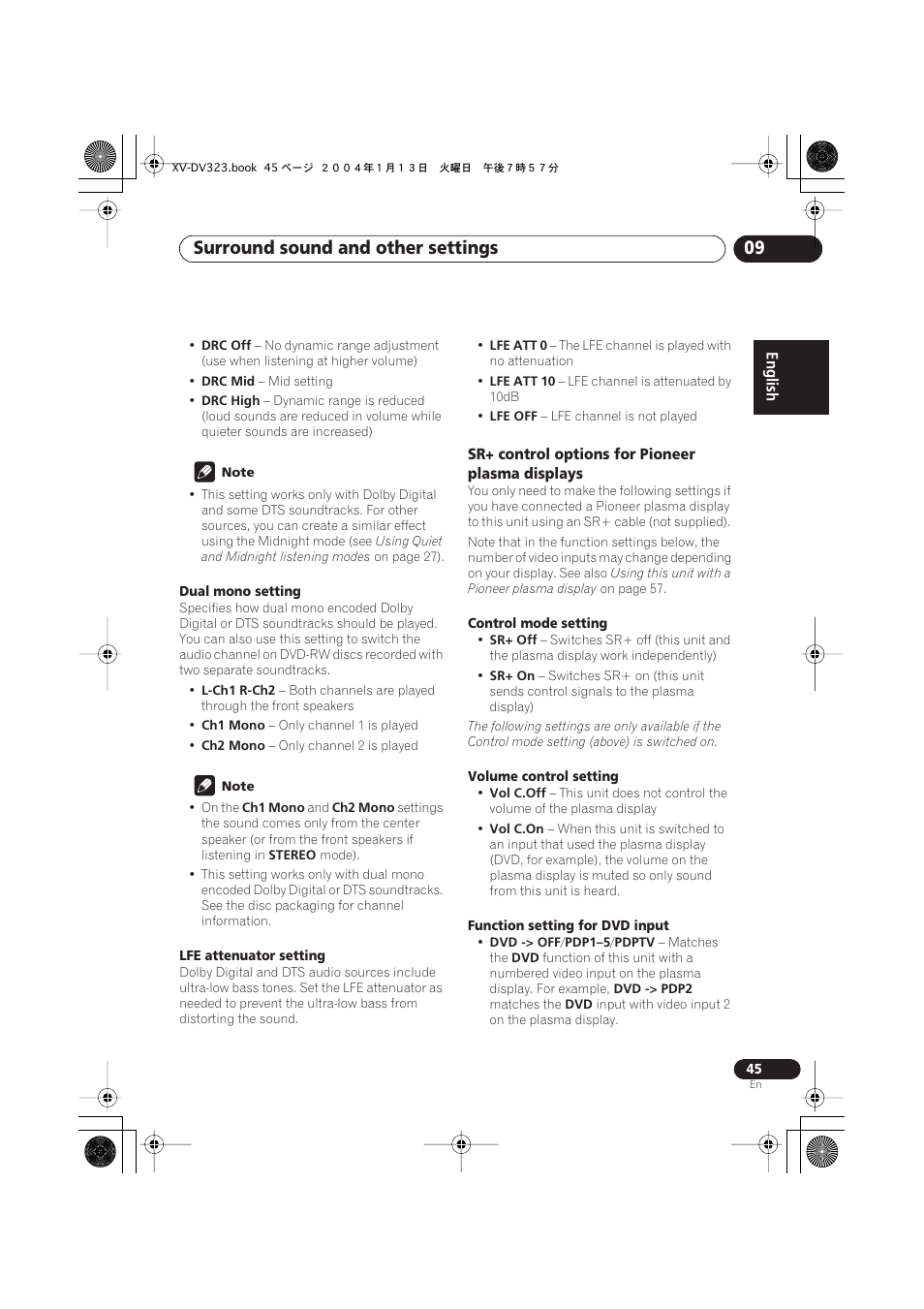 Sr+ control options for pioneer plasma displays, Surround sound and other settings 09 | Pioneer XV-DV323 User Manual | Page 45 / 74