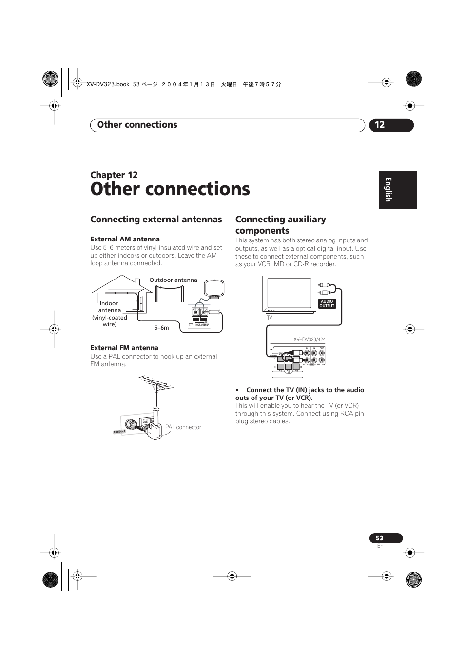 12 other connections, Connecting external antennas, Connecting auxiliary components | Other connections, Other connections 12, Chapter 12 | Pioneer XV-DV323 User Manual | Page 53 / 74