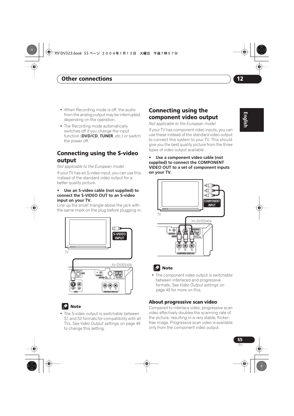 Connecting using the s-video output, Connecting using the component video output, About progressive scan video | Other connections 12 | Pioneer XV-DV323 User Manual | Page 55 / 74