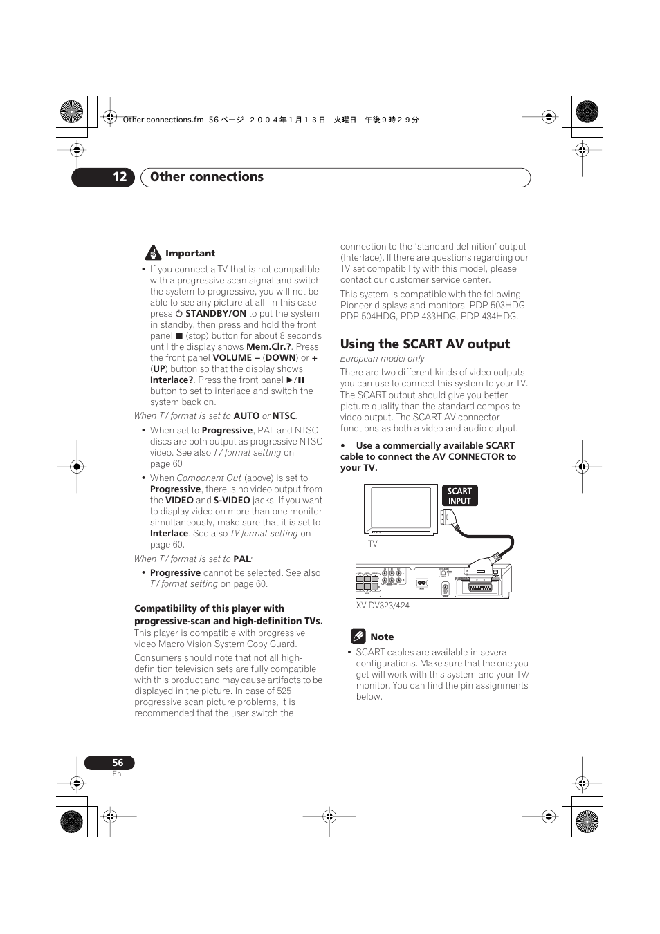 Using the scart av output, Switching the tv audio input from, Other connections 12 | Pioneer XV-DV323 User Manual | Page 56 / 74