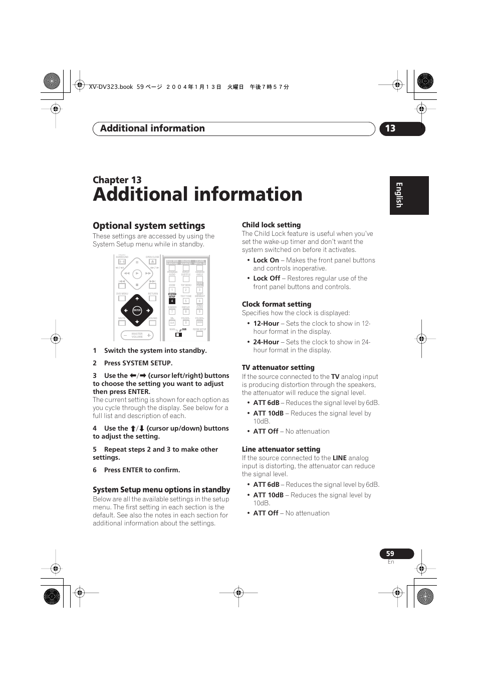 13 additional information, Optional system settings, System setup menu options in standby | Additional information, Additional information 13, Chapter 13 | Pioneer XV-DV323 User Manual | Page 59 / 74