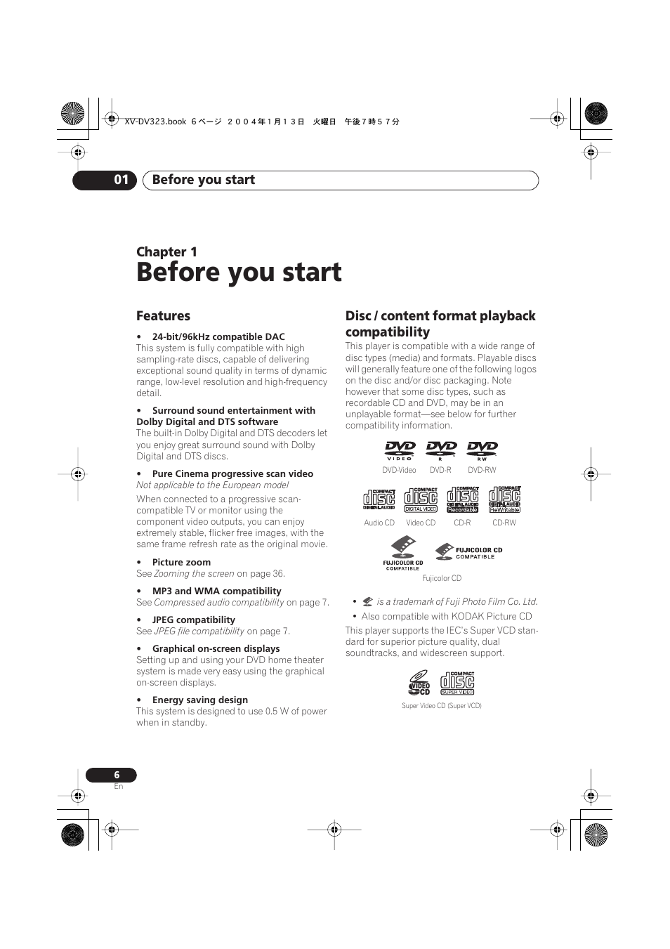01 before you start, Features, Disc / content format playback compatibility | Before you start, Before you start 01, Chapter 1 | Pioneer XV-DV323 User Manual | Page 6 / 74