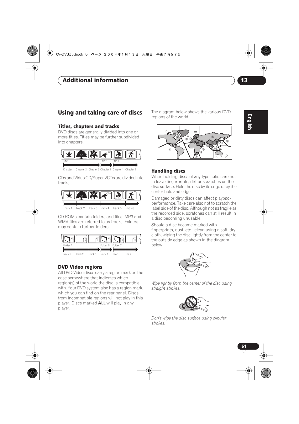 Using and taking care of discs, Titles, chapters and tracks, Dvd video regions | Handling discs, Additional information 13 | Pioneer XV-DV323 User Manual | Page 61 / 74