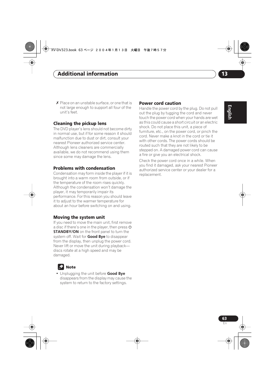 Cleaning the pickup lens, Problems with condensation, Moving the system unit | Power cord caution, Additional information 13 | Pioneer XV-DV323 User Manual | Page 63 / 74