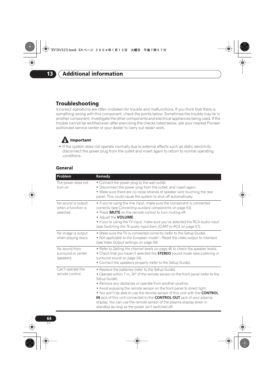 Troubleshooting, General, Additional information 13 | Pioneer XV-DV323 User Manual | Page 64 / 74