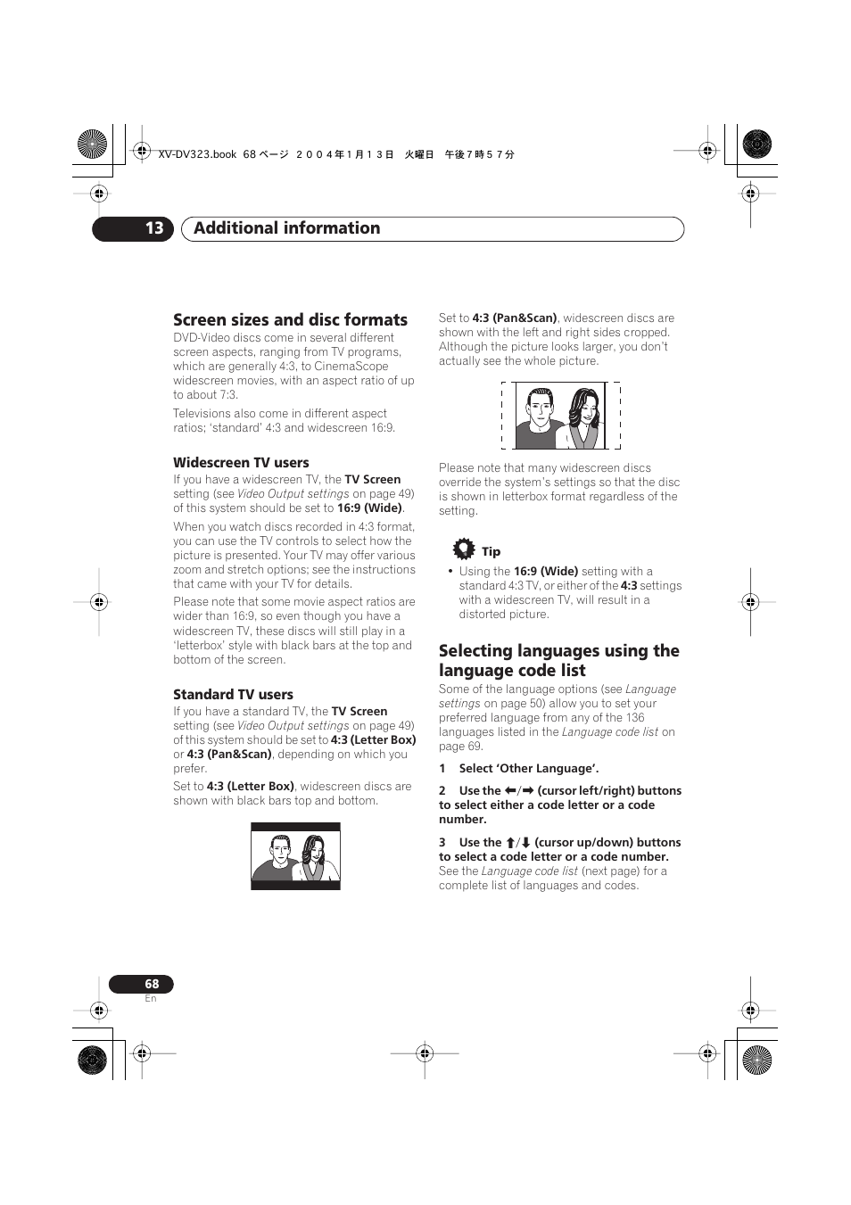 Screen sizes and disc formats, Widescreen tv users, Standard tv users | Selecting languages using the language code list, Additional information 13 | Pioneer XV-DV323 User Manual | Page 68 / 74