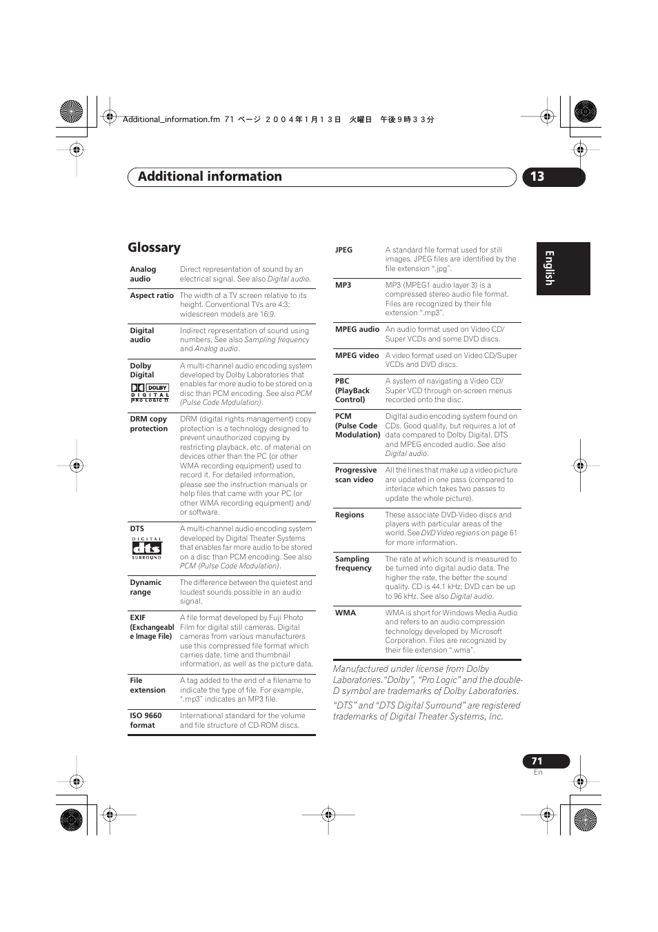 Glossary, Additional information 13 | Pioneer XV-DV323 User Manual | Page 71 / 74