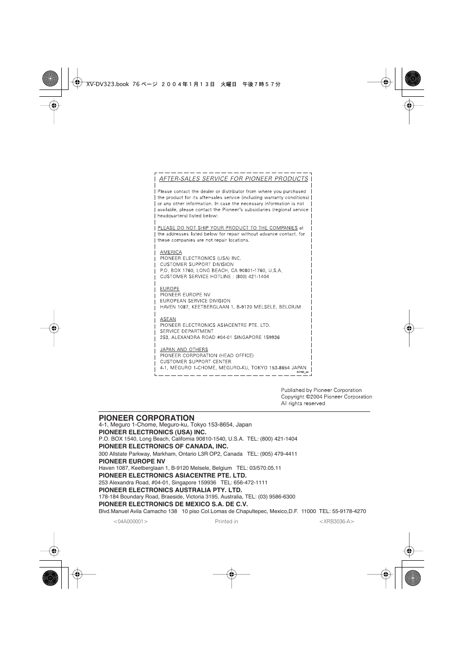 Pioneer corporation | Pioneer XV-DV323 User Manual | Page 74 / 74