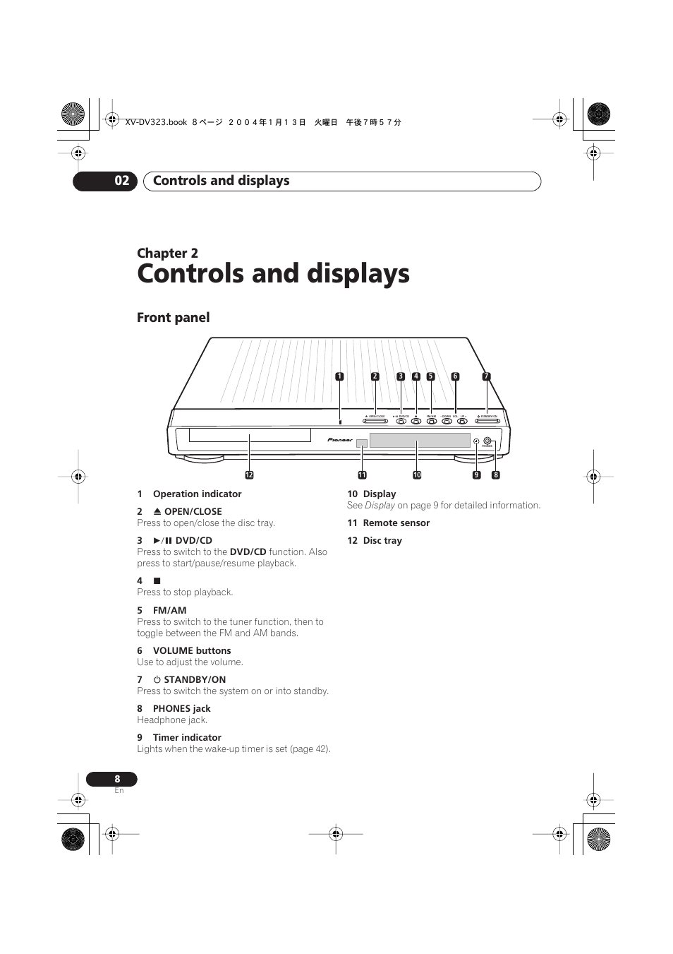 02 controls and displays, Front panel, Controls and displays | Controls and displays 02, Chapter 2 | Pioneer XV-DV323 User Manual | Page 8 / 74