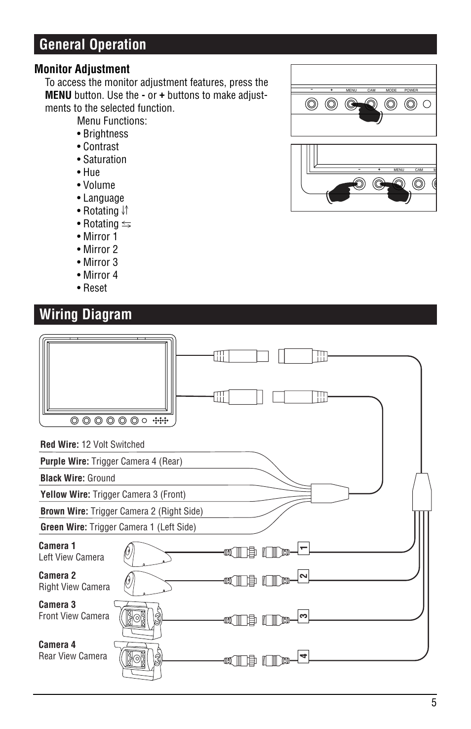 General operation, Wiring diagram, Monitor adjustment | Magnadyne 7" Color LCD Monitor M135C-4 User Manual | Page 5 / 8