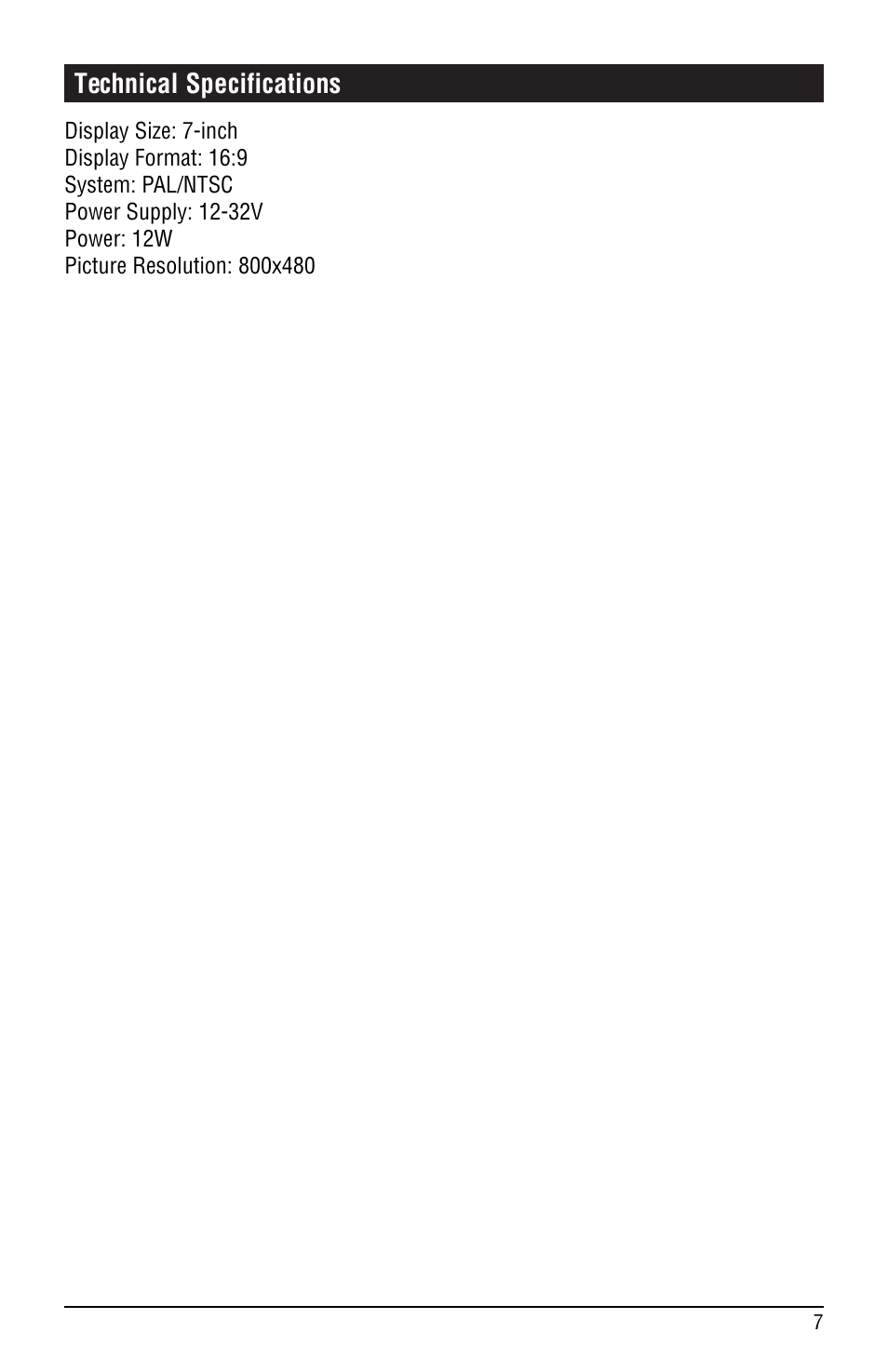 Technical specifications | Magnadyne 7" Color LCD Monitor M135C-4 User Manual | Page 7 / 8