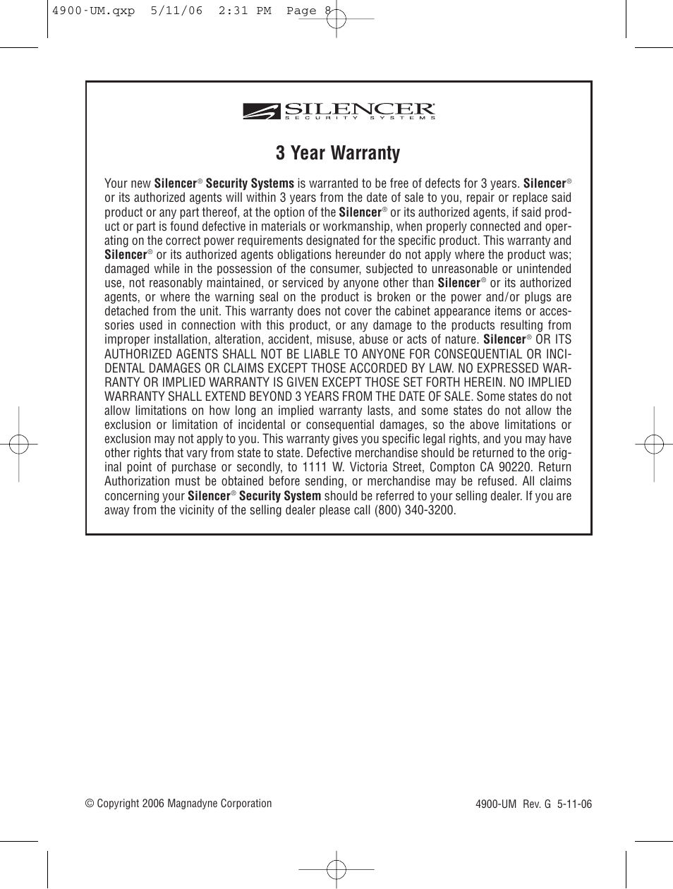 3 year warranty | Magnadyne 4960 Series User Manual | Page 8 / 8