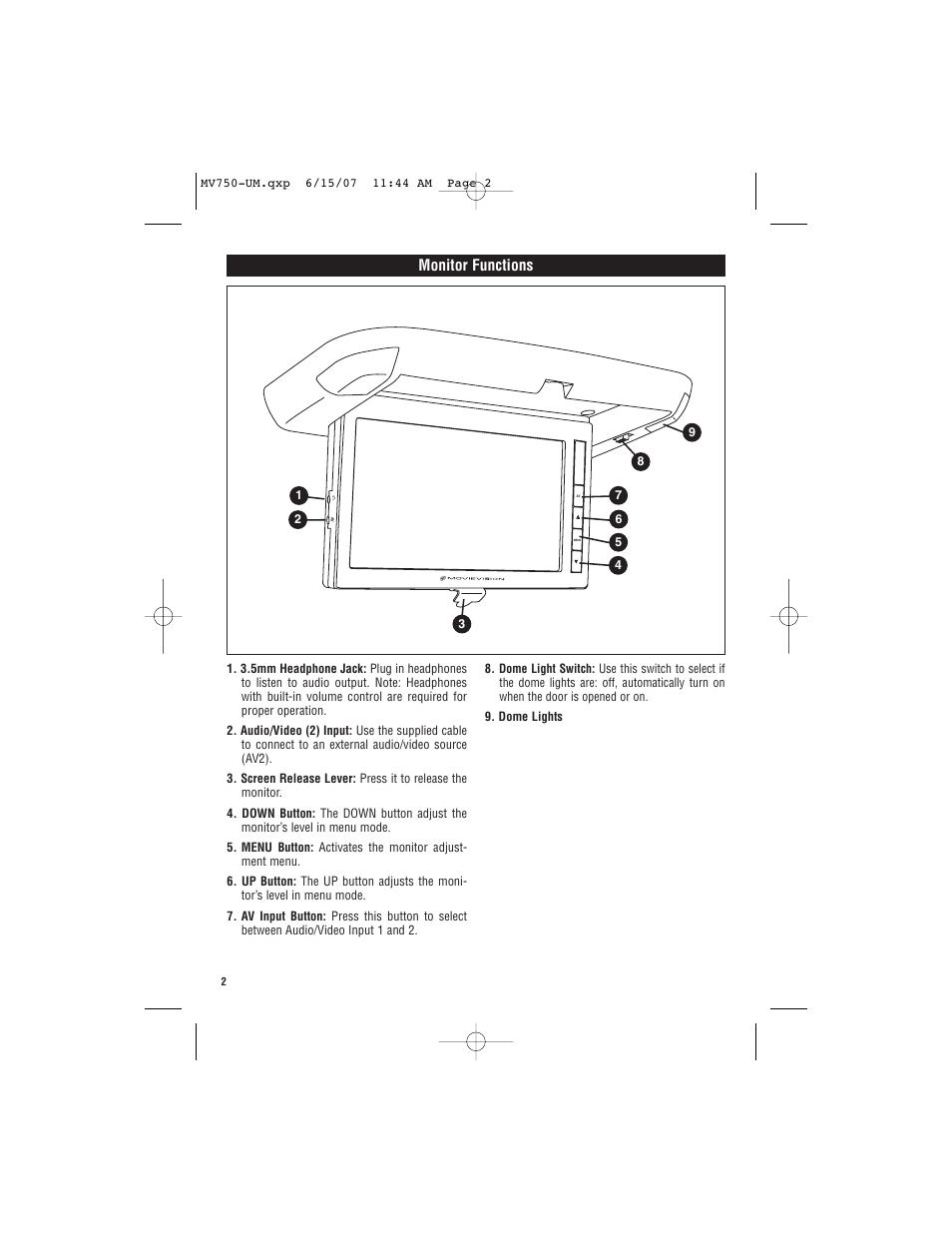 Monitor functions | Magnadyne 7" Screen MV750G (Gray) User Manual | Page 2 / 8