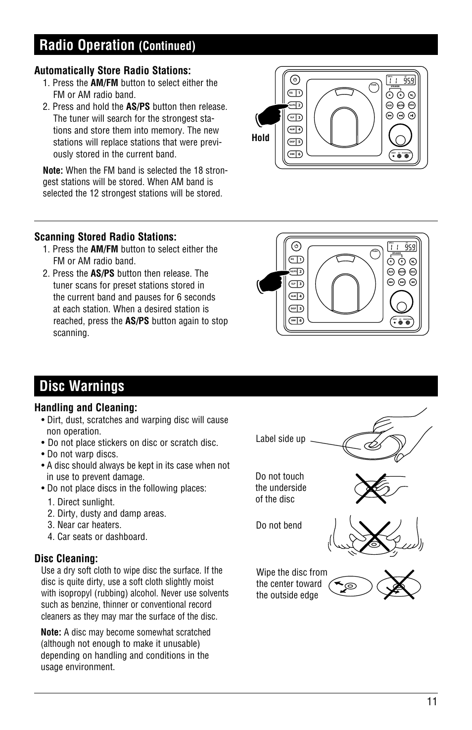 Disc warnings, Radio operation, Continued) | Handling and cleaning, Disc cleaning, Scanning stored radio stations, Automatically store radio stations | Magnadyne LINEAR SERIES RV4000 User Manual | Page 11 / 24