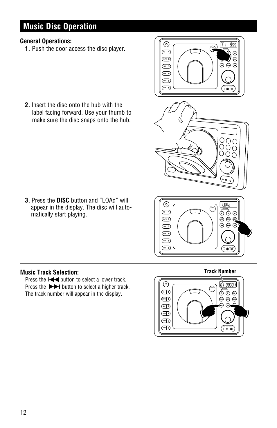 Music disc operation, Press the l, Button to select a lower track. press the | Track number | Magnadyne LINEAR SERIES RV4000 User Manual | Page 12 / 24