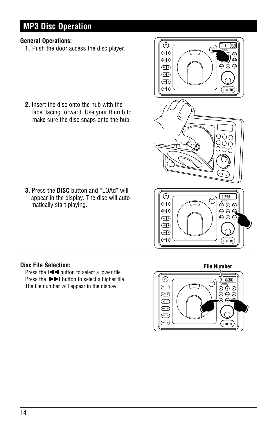 Mp3 disc operation, Press the l, Button to select a lower file. press the | File number | Magnadyne LINEAR SERIES RV4000 User Manual | Page 14 / 24