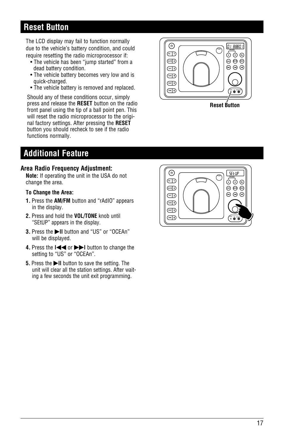 Reset button additional feature, Area radio frequency adjustment, Reset button | Magnadyne LINEAR SERIES RV4000 User Manual | Page 17 / 24